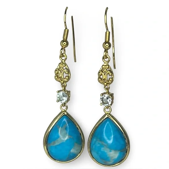 Beria Collection 18k Gold Over Bronze Turquoise Stone Dangling Crystal Earrings - Picture 1 of 6